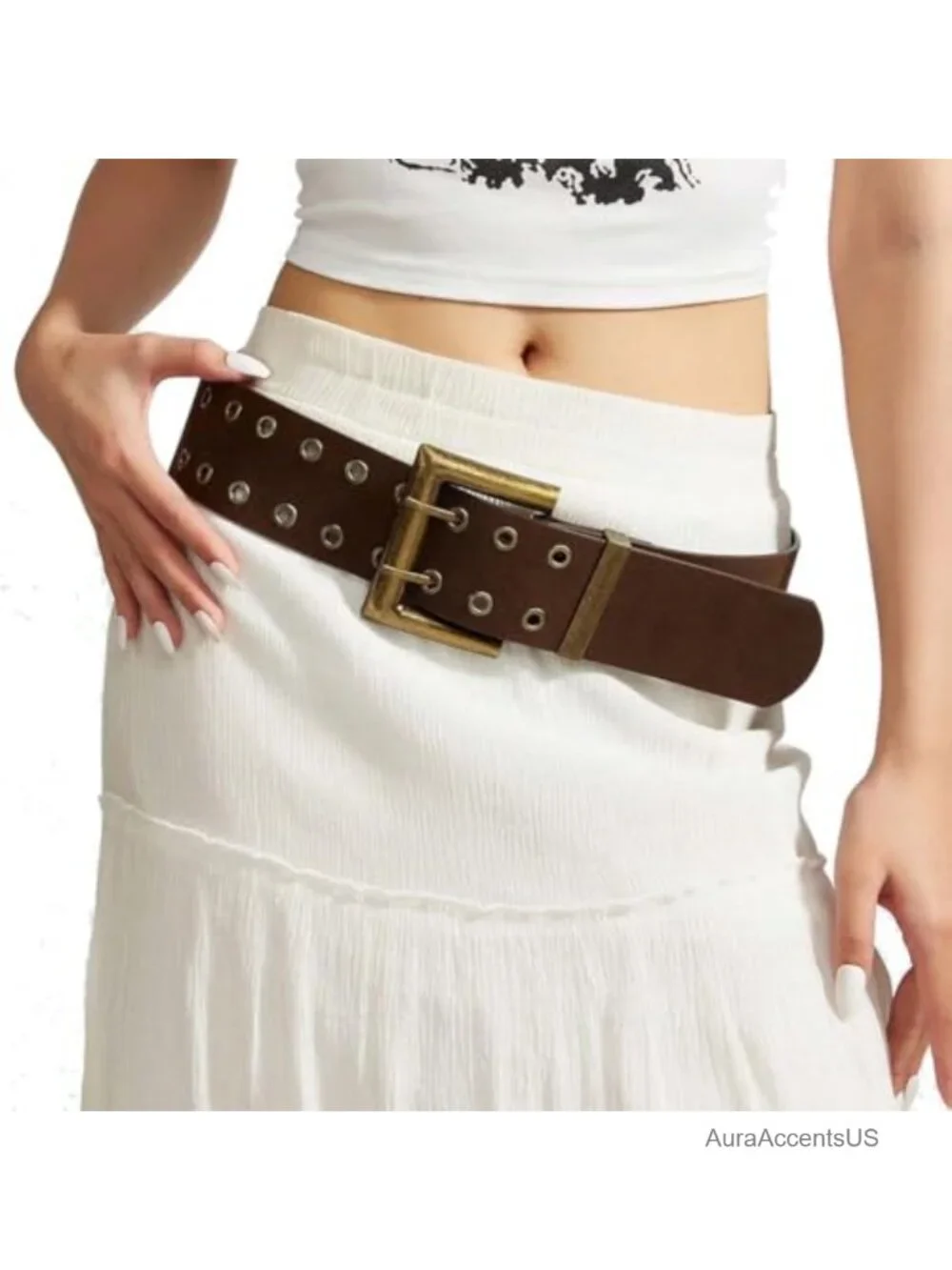 Vintage Wide Leather Waist Belt with Metal Buckle for Dresses